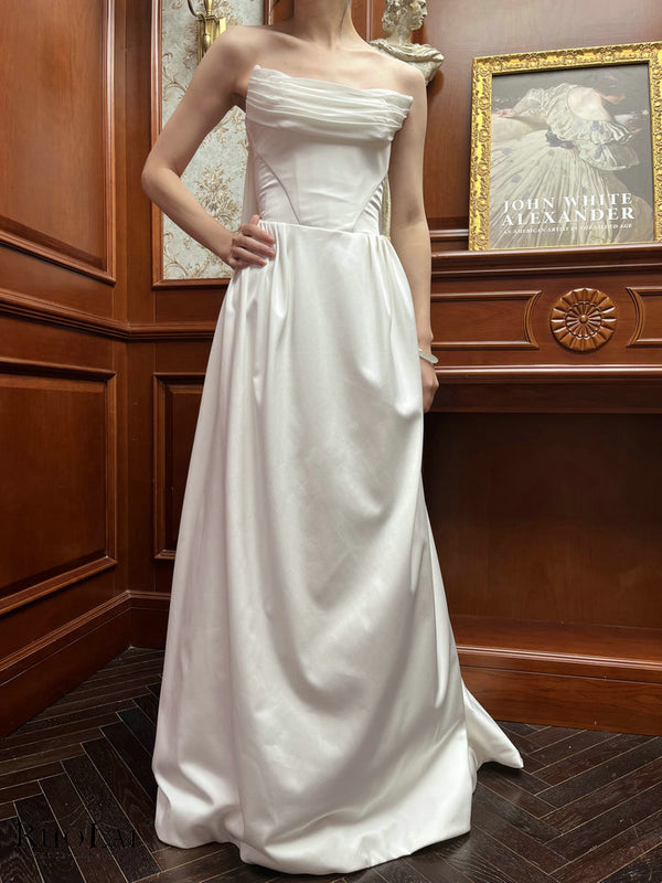 QD06365 Simple Boat Neck Draped Bodice A-Line Bridal Gown