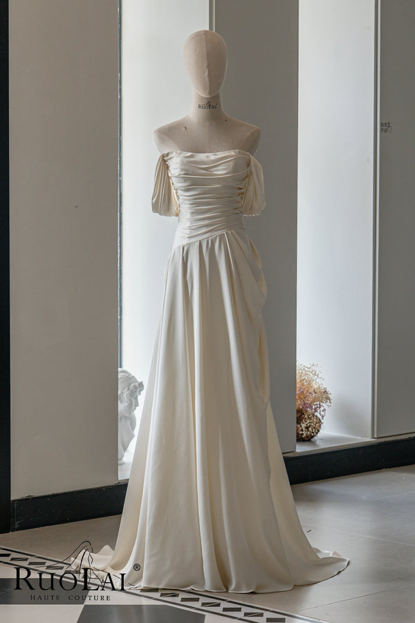 Off Shoulder Detachable Shawl Ruched Satin Fabric Wedding Dress