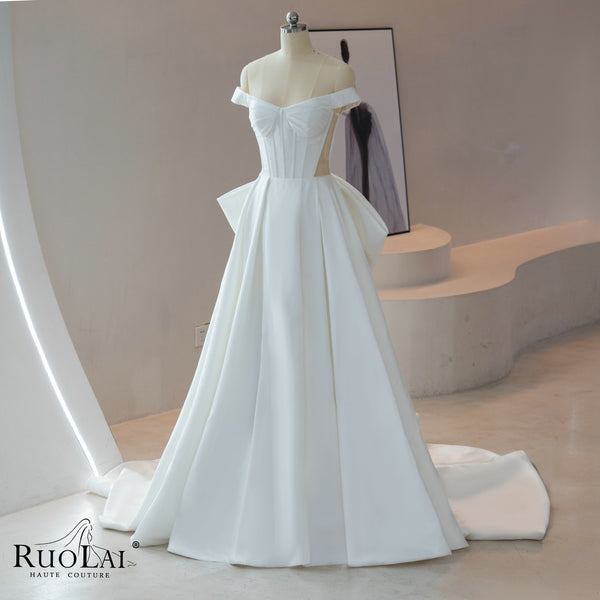 Off Shoulder Sleeveless Corsets Back Bow Satin Bridal Wedding Dresses