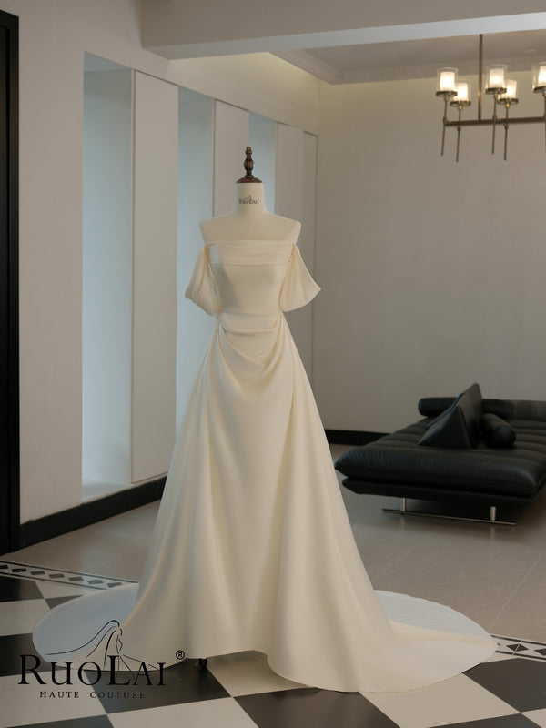 Elegant Off Shoulder Draped Satin with Pearls for Bride
