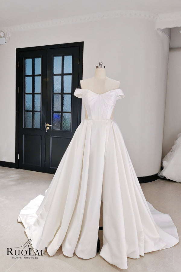 Ivory Off-shoulder Soft Satin Front High Slit Wedding Dresses