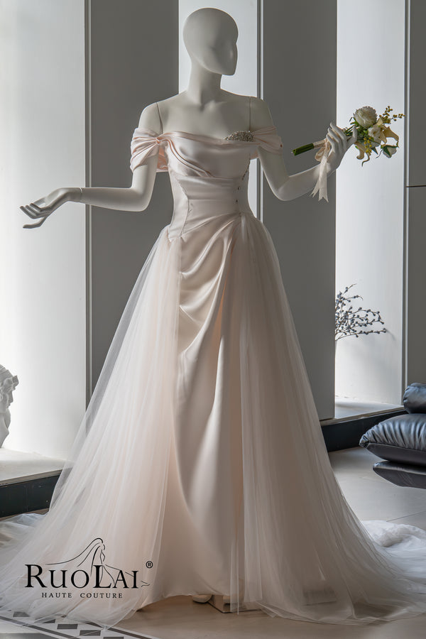 Tulle Overskirt Draped Beaded Bridal Satin Wedding Dress
