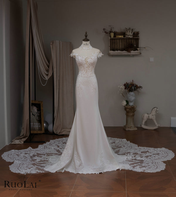 QD06506 Elegant High Neck Lace Satin Mermaid Wedding Dresses