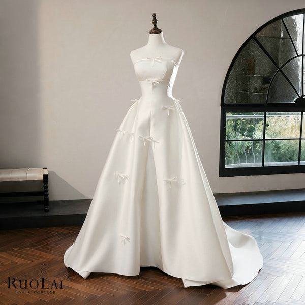 QD06523 Elegant Strapless with Bow Silk Satin Bridal Dress