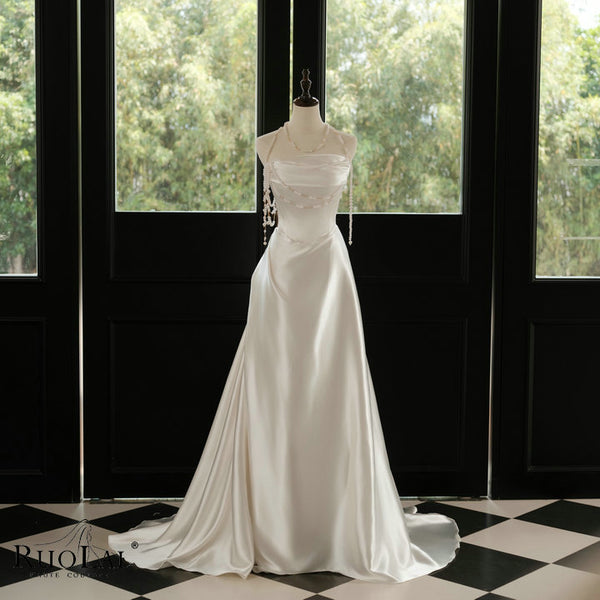 QD06528 Elegant Strapless Satin Beaded Mermaid Wedding Dresses