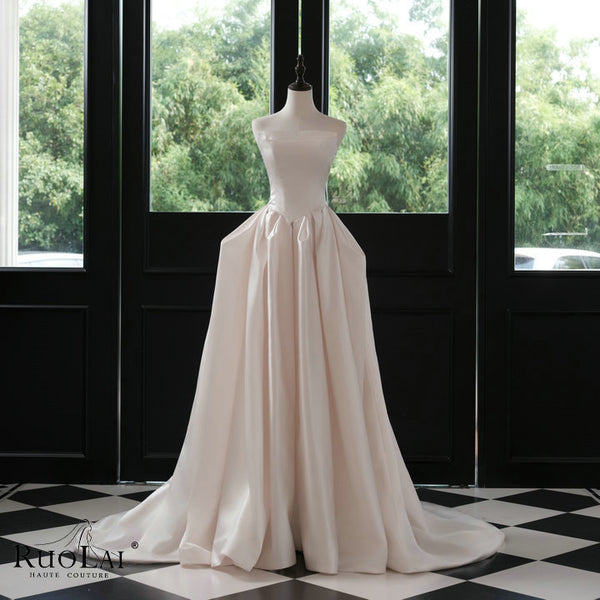 QD06555 Sleeveless Straight Neck Basque Waist Satin Wedding Dresses