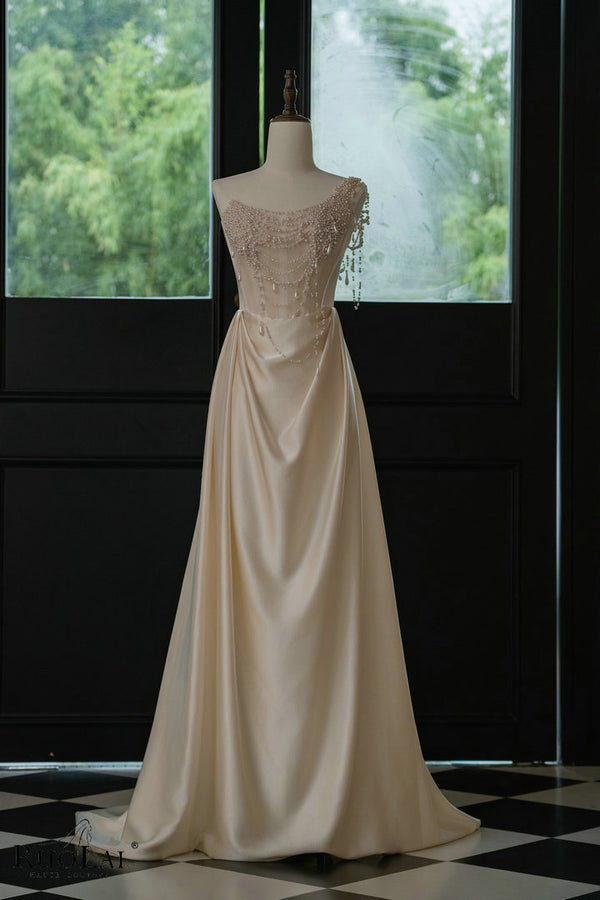 QD06558 Scoop Sleeveless Draped One Shoulder Pearl Wedding Dress