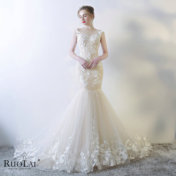 QW01068 Unique O Neck Pleat Lace Cap Sleeve Mermaid Wedding Dresses
