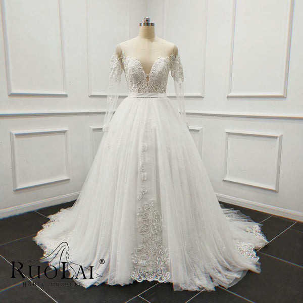 Gorgeous Deep V Neck Princess Long Sleeve Bridal Gown