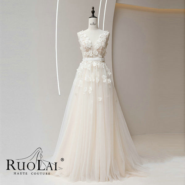 Elegant Deep V Neck 3D Flower A Line Wedding Dress