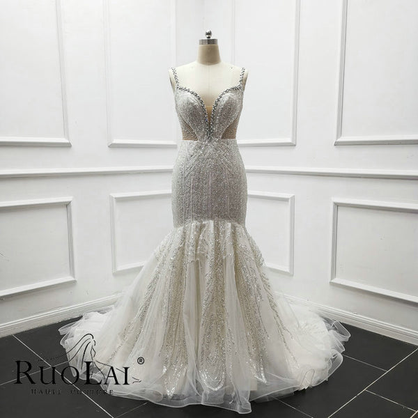 Luxury Spaghetti Straps Beaded Appliques Mermaid Wedding Dresses