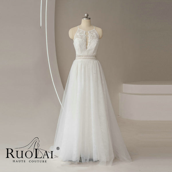 Elegant Halter Hollow Sleeveless Tulle Wedding Dresses