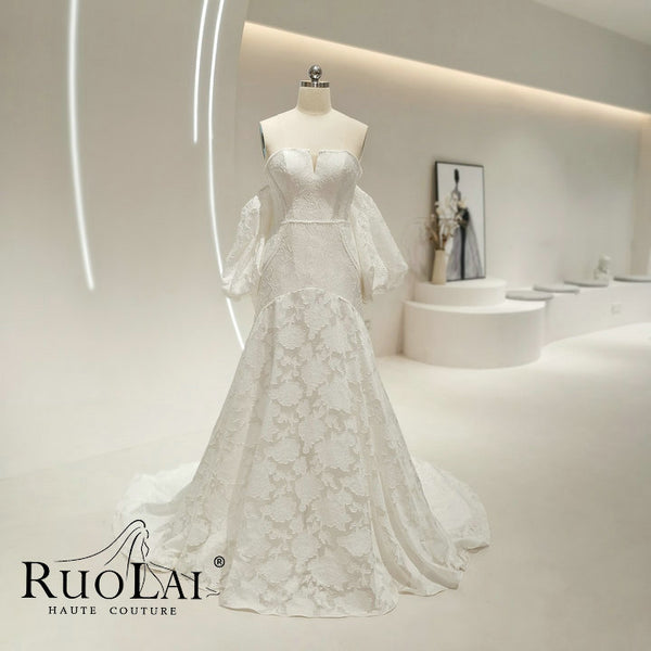 Luxury Lace Detachable Sleeve Sweetheart Neck Wedding Dresses