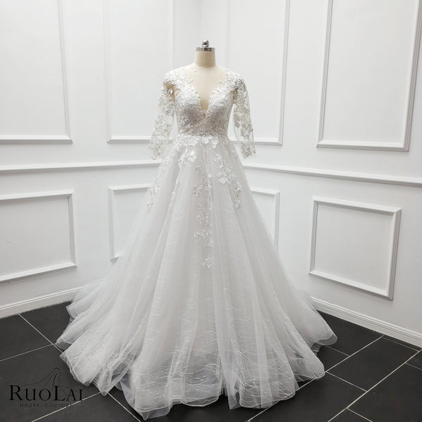Elegant Long Sleeves Deep V Neck Applique Bridal Gowns