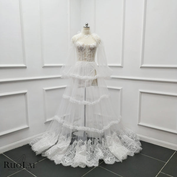 Ivory Lace Appliques with Robe Tiered Bridal Dress