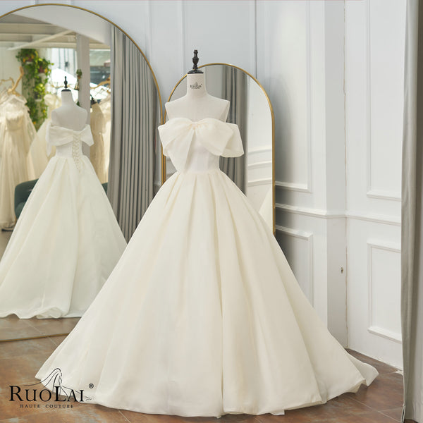 Simple New Sweet Bow Off The Shoulder Satin Bridal Dress