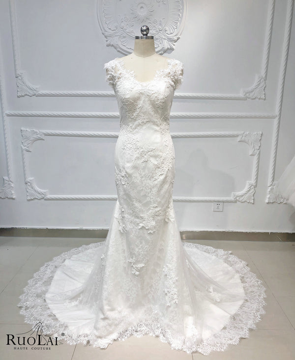Luxury  Cap Sleeves Lace Mermaid Long Wedding Dress