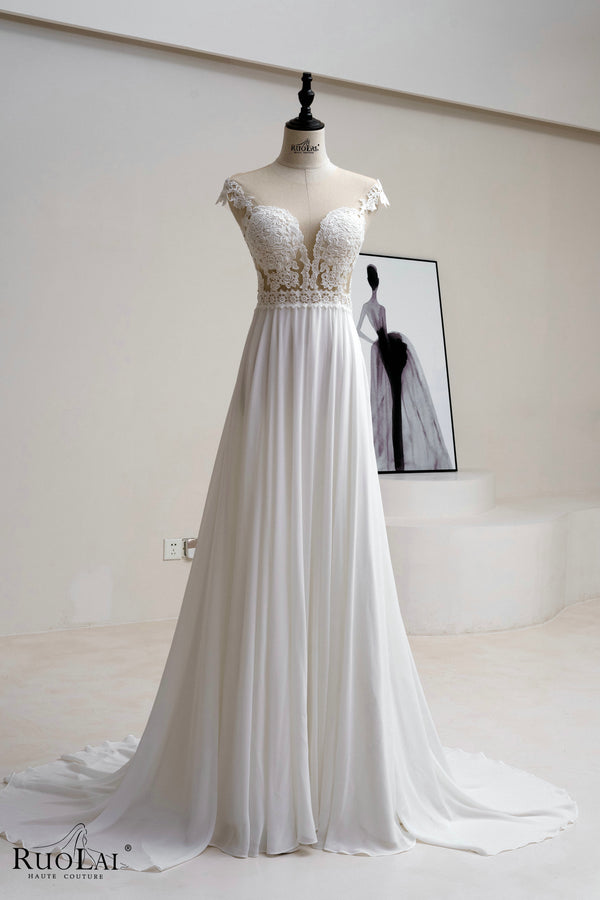 Sexy Deep V Neck  Cap Sleeve Chiffon Bridal Gown