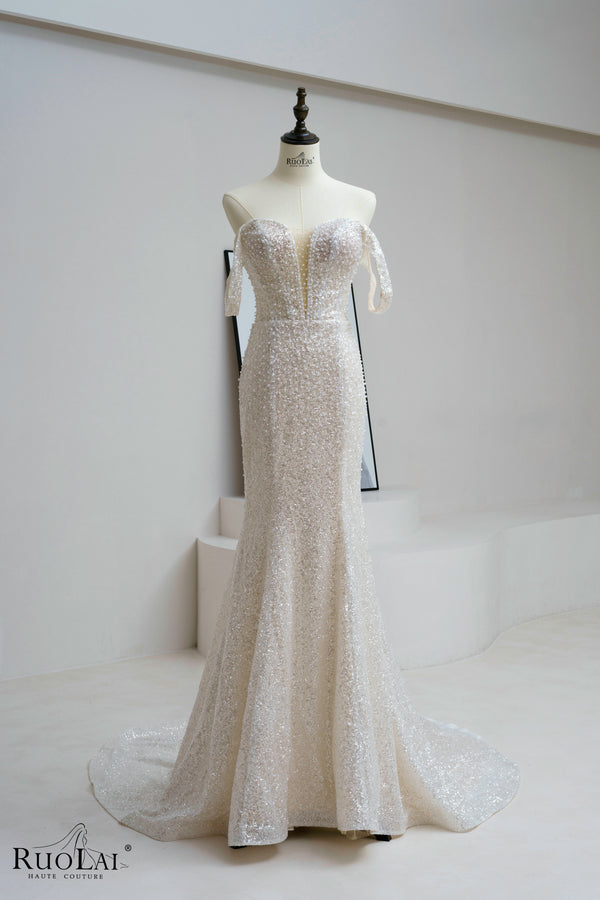 Sparkly Off Shoulder Beading Sequined Mermaid Wedding Cocktail Dress