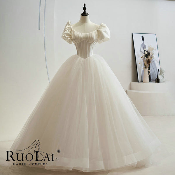 Elegant Boat Neck Short Puff Sleeve Ball Gown Wedding Dress
