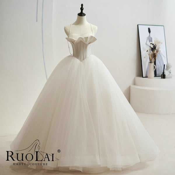 Charming Spaghetti Strap Beading with Pearls Wedding Dress