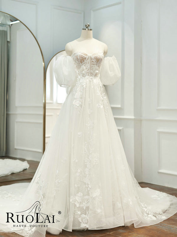 Vintage Flower Lace Detachable Short Puff Sleeve Bridal Wedding Dress