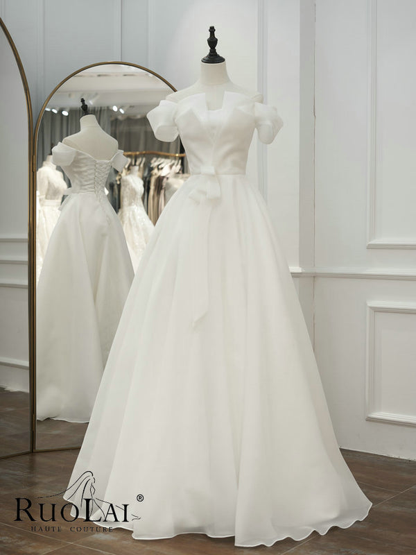 Simple Off The Shoulder Bow Tulle Wedding Dresses