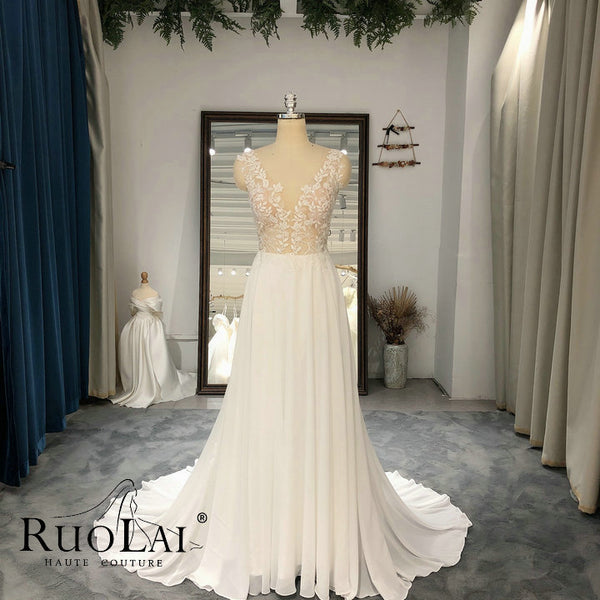 Elegant Chiffon V Neck Cap Sleeve Wedding Dresses