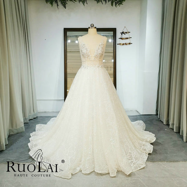Elegant Deep V Neck Beaded Sleeveless Tulle Wedding Dresses
