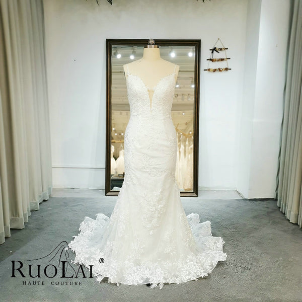 Elegant Spaghetti Strap Deep V-Neckline  Mermaid Wedding Dress