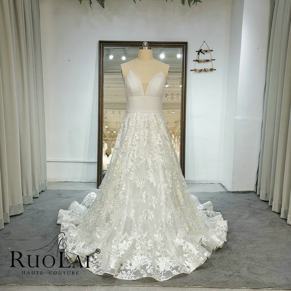 Elegant Spaghetti Strap Deep V Neck 3D Flowers Lace Wedding Dresses