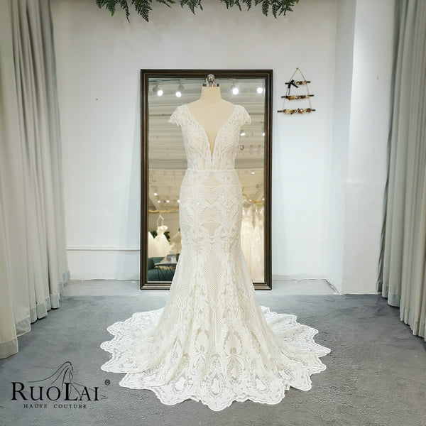 Gorgeous Deep V Neck Special Sequin Lace Mermaid Wedding Dresses