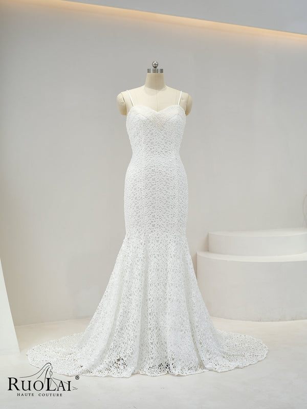 Beach Spaghetti Strap  Sleeveless Mermaid Lace Wedding Dresses