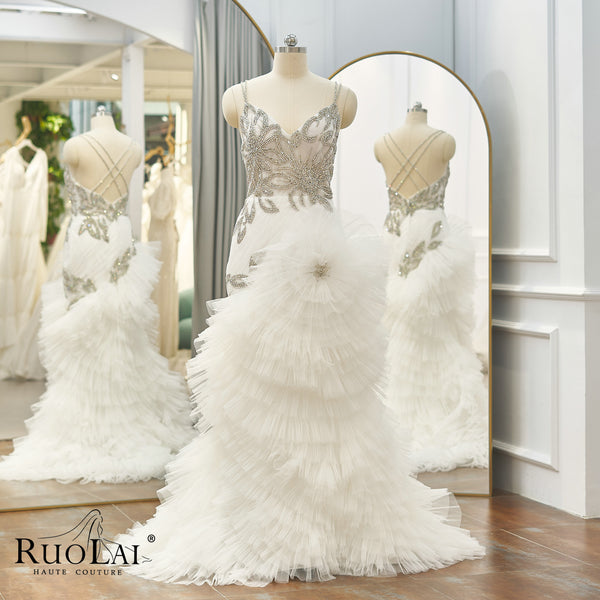 Luxury V Neck Handmade Open Back Spaghetti Straps Sweep Train Bride Gowns