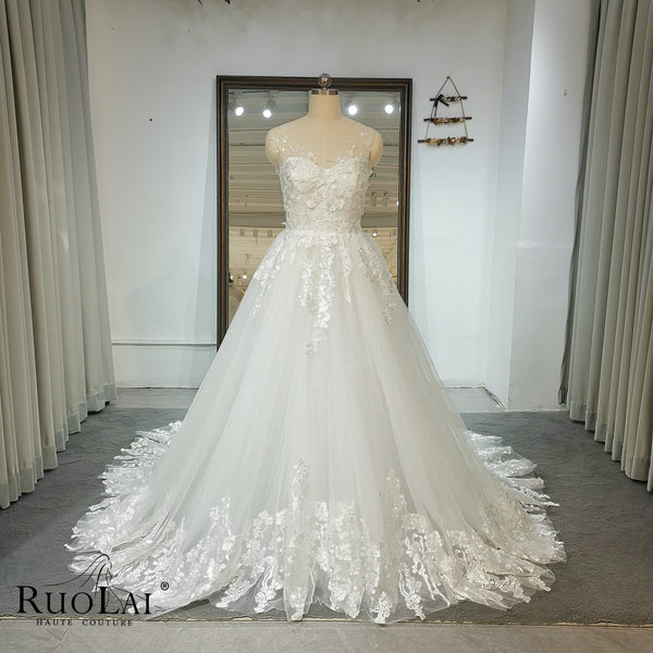 Elegant O Neck Lace Appliques A- Line Wedding Dress For Bride