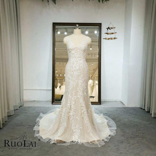 Luxury V Neck Mermaid Lace  Brush Train Wedding Dresses