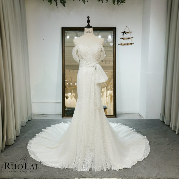 QW01291 Graceful Shining Sequins Pleat Design Bow Mermaid Wedding Dresses