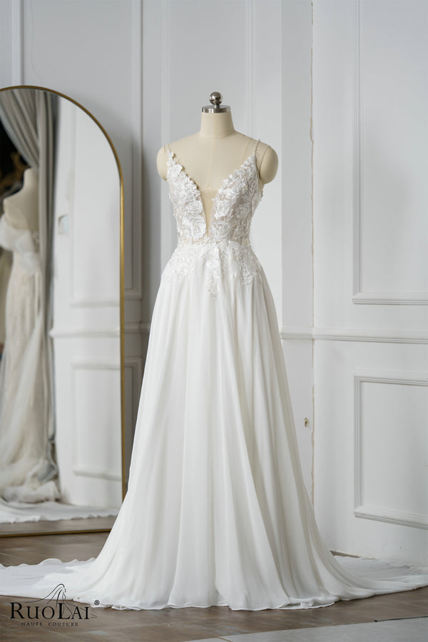 QW01292 Simple Deep V-neckline Spaghetti Strap Floral Appliqued Lace Bridal Gowns