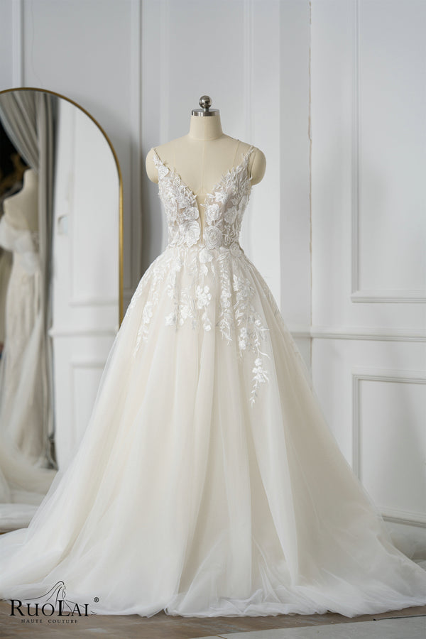 Sexy Deep V Neck Lace  Spaghetti Strap A Line Wedding Dresses