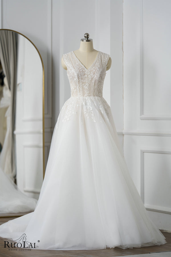 Charming V Neckline Lace Fabric Back Hollow Wedding Dress
