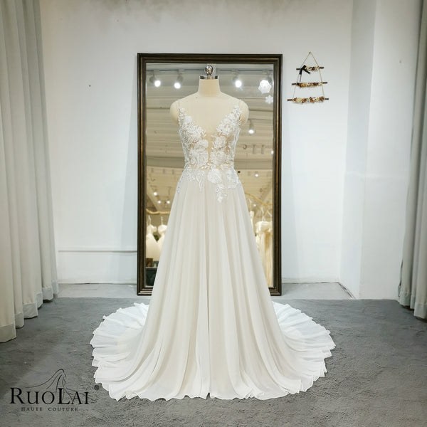 Simple Deep V Neck Pearls Illusion Lace Chiffon Wedding Dress