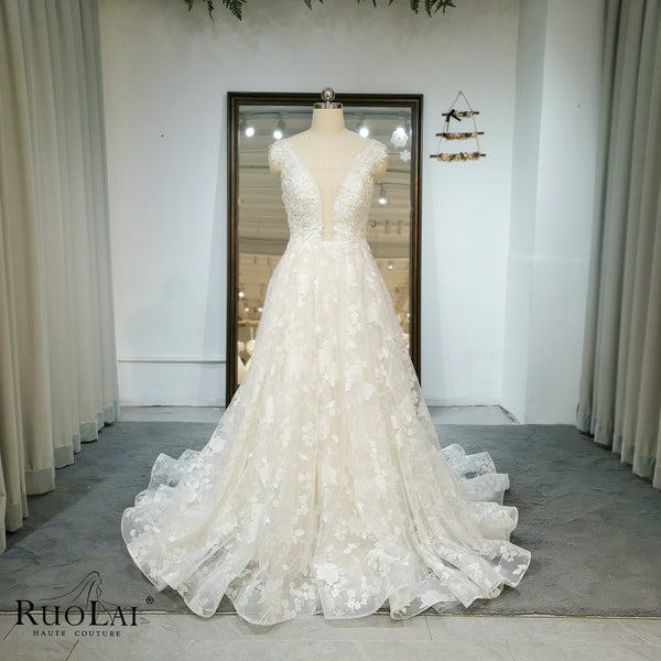 Modern Organza Lace A-Line Cap Sleeve Appliques Wedding Dress