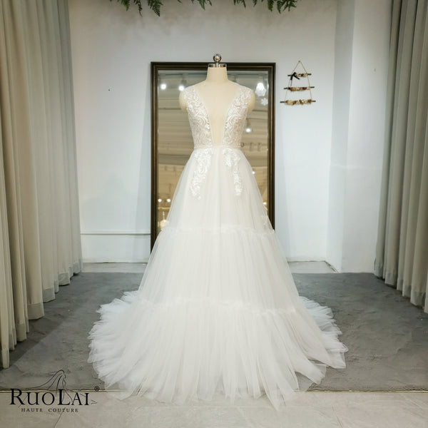 Gorgeous Deep V Neck Lace Appliques Backless Wedding Dress