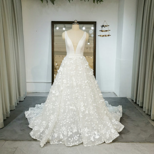 Deep V Neck Sleeveless 3D Flowers Lace Bridal Gowns