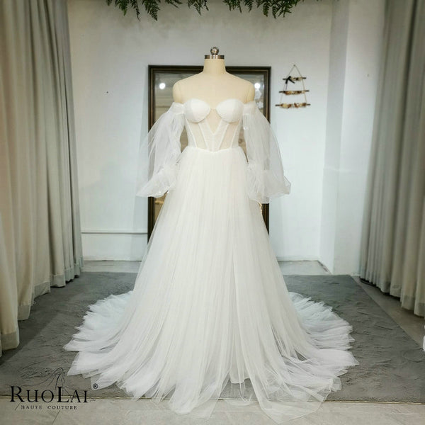 QW01322 Simple Ivory Off Shoulder Puff Sleeves Bridal Gown