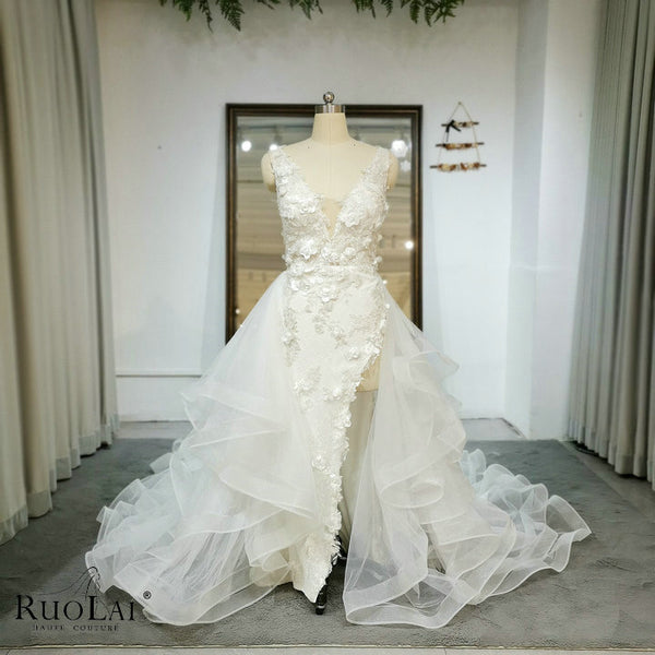 QW01326 Classic V Neck 2 in 1 Mermaid High Slit Wedding Dresses