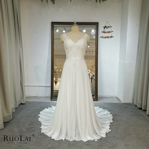 QW01327 Boho Lace  V Neckline Vintage Chiffon Bridal Gowns