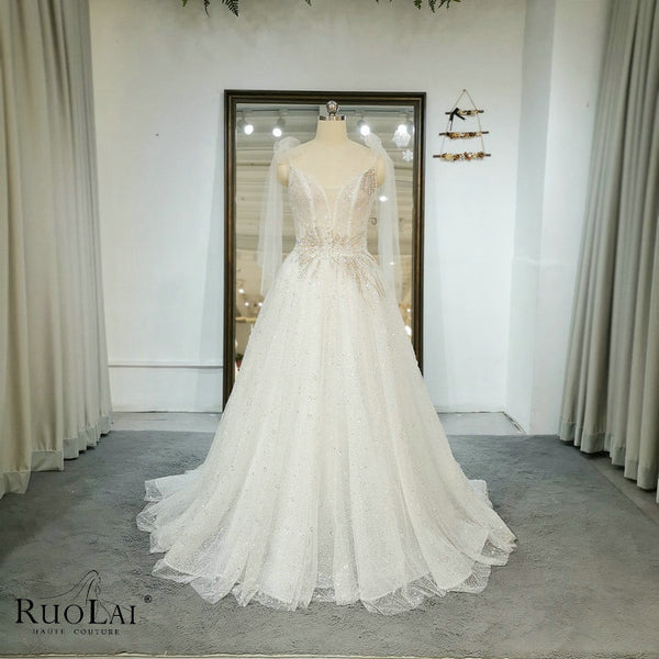 QW01328 Luxury Bright Women Spaghetti Strap with Bow Wedding Dresses