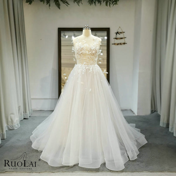 QW01507 Gorgeous Boat Neckline  A-line Appliqued with Feathers Wedding Dresses