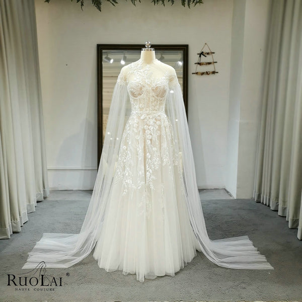 QW01508 Morden Simple High Neck Cape Sleeve Lace Appliques Wedding Dress